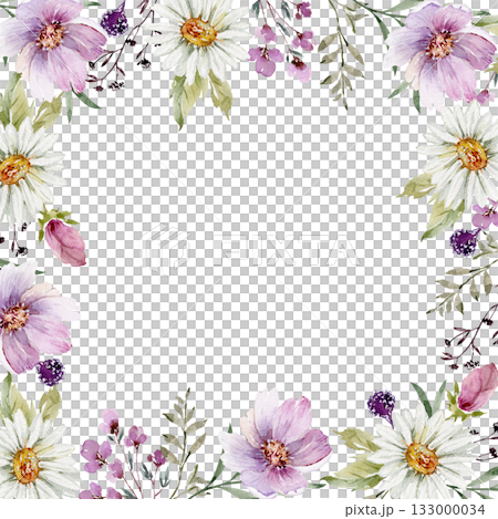 Watercolor frame with delicate chamomile flowers, leaves and branches on a white background Watercolor frame with delicate chamomile flowers, leaves and branches on a white background 133000034