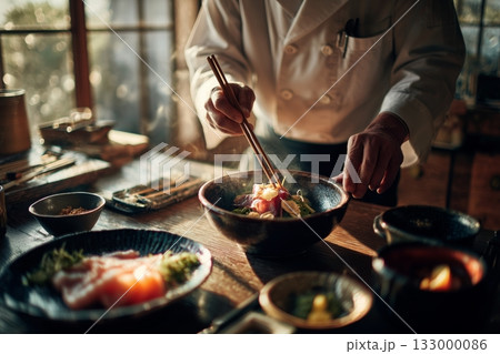 Fresh Sushi Preparation in a Vibrant Kitchen With Natural Light Details matter. 133000086