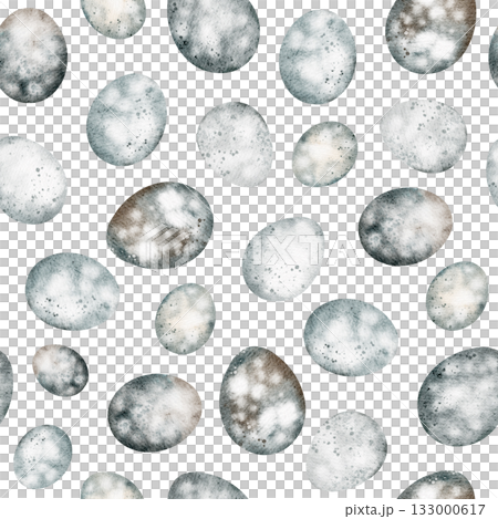 Seamless pattern with quail eggs. Hand-drawn watercolor design for wrapping, textile, and wallpaper. Organic food and Easter decoration element. 133000617