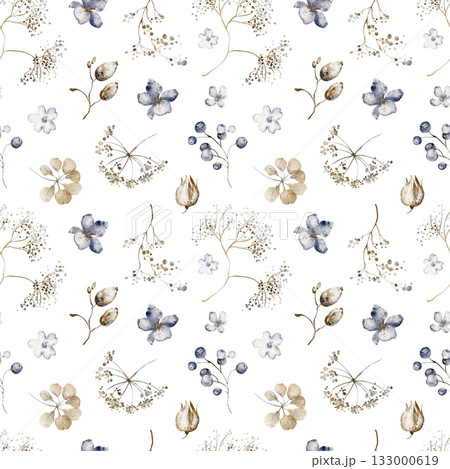 Seamless pattern with dry plants, herbs, and flowers. Watercolor botanical illustration for fabric, wrapping, and wallpaper. Natural neutral background with foliage and stems. 133000619