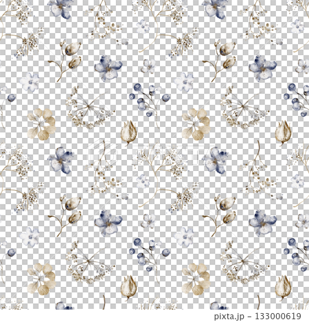 Seamless pattern with dry plants, herbs, and flowers. Watercolor botanical illustration for fabric, wrapping, and wallpaper. Natural neutral background with foliage and stems. 133000619