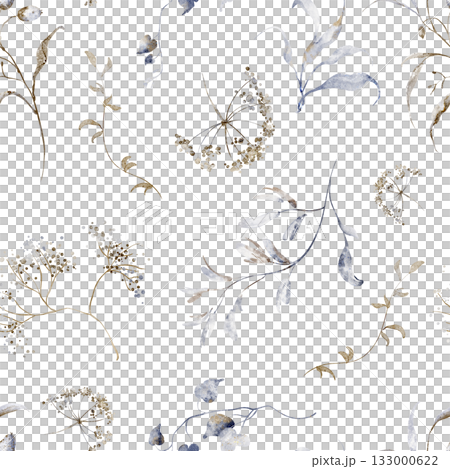 Dry plants and grasses seamless watercolor pattern. Botanical field illustration with herbs and stems. Perfect for wrapping, fabric, and winter-themed designs. 133000622