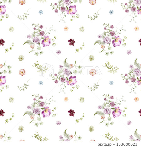 Botanical seamless pattern with watercolor flowers for textile, wrapping, and wallpaper design. Repeating foliage and bloom illustration background. Botanical seamless pattern with watercolor flowers for textile, wrapping, and wallpaper design. Repeating foliage and bloom illustration background. 133000623