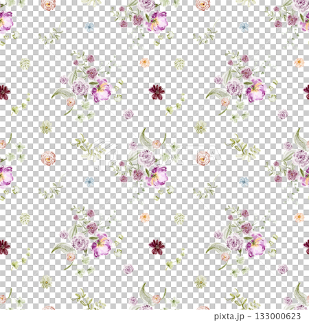 Botanical seamless pattern with watercolor flowers for textile, wrapping, and wallpaper design. Repeating foliage and bloom illustration background. Botanical seamless pattern with watercolor flowers for textile, wrapping, and wallpaper design. Repeating foliage and bloom illustration background. 133000623