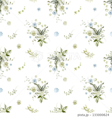 Seamless floral watercolor pattern for textile, fabric, wallpaper, or wrapping design. Botanical background with small flowers and foliage illustration. Seamless floral watercolor pattern for textile, fabric, wallpaper, or wrapping design. Botanical background with small flowers and foliage illustration. 133000624