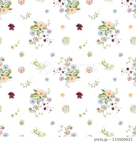 Seamless floral watercolor pattern for textile, fabric, wallpaper, or wrapping design. Botanical background with small flowers and foliage illustration. 133000625
