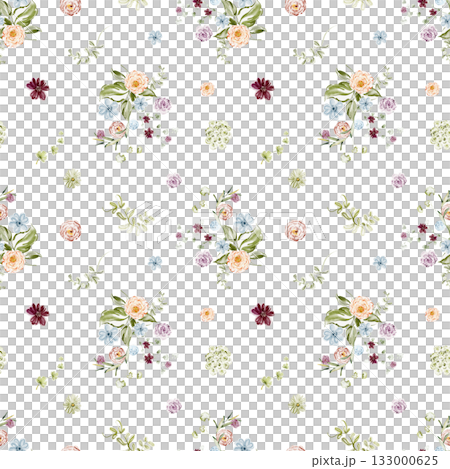 Seamless floral watercolor pattern for textile, fabric, wallpaper, or wrapping design. Botanical background with small flowers and foliage illustration. 133000625