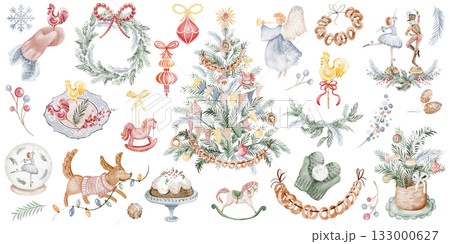 Christmas watercolor illustration set with pine branches, garland, candy, and snowflake. Isolated clipart for cards, stickers, and new year decoration. 133000627