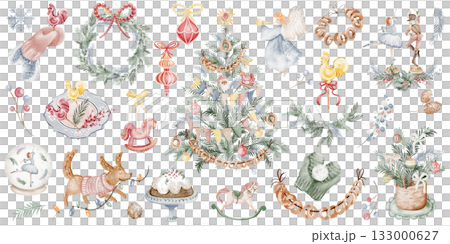 Christmas watercolor illustration set with pine branches, garland, candy, and snowflake. Isolated clipart for cards, stickers, and new year decoration. Christmas watercolor illustration set with pine branches, garland, candy, and snowflake. Isolated clipart for cards, stickers, and new year decoration. 133000627