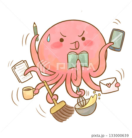 マルチタスクで頑張っているタコのキャラクター　水彩イラスト 133000639