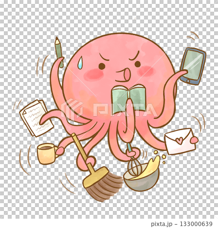 マルチタスクで頑張っているタコのキャラクター　水彩イラスト 133000639