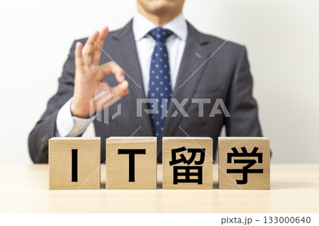 「IT留学」と書かれたブロックとOKポーズをするビジネスマン 「IT留学」と書かれたブロックとOKポーズをするビジネスマン 133000640