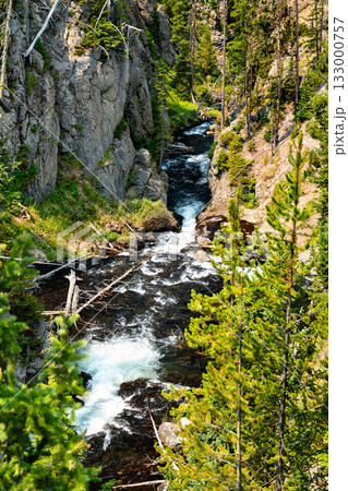 Vertical view of Kepler Cascades in Yellowstone National Park. The Firehole River rushes through a narrow rock canyon, surrounded by a dense green pine forest Vertical view of Kepler Cascades in Yellowstone National Park. The Firehole River rushes through a narrow rock canyon, surrounded by a dense green pine forest 133000757