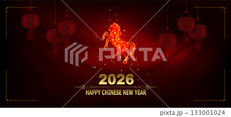 Happy Chinese New Year 2026. Fire Horse zodiac sign, gold tinsel 133001024