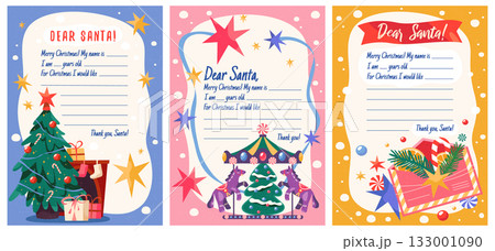 Set of New Year and Christmas letters. Vector Santa message template. Mail from children or kids to Claus. Merry Xmas gift or present child request. December writing for winter festive or holiday. 133001090