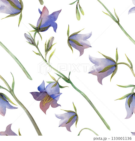 Diagonal seamless pattern with hand-drawn purple wildflowers. Watercolor illustration with bell flowers isolated on a white background. Seamless background for wallpaper, textiles, printing, tableware 133001136