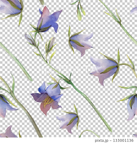 Diagonal seamless pattern with hand-drawn purple wildflowers. Watercolor illustration with bell flowers isolated on a white background. Seamless background for wallpaper, textiles, printing, tableware 133001136