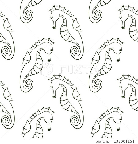 Seahorse seamless pattern in line art style. Little sea creature shape for sea life design on a white background. 133001151