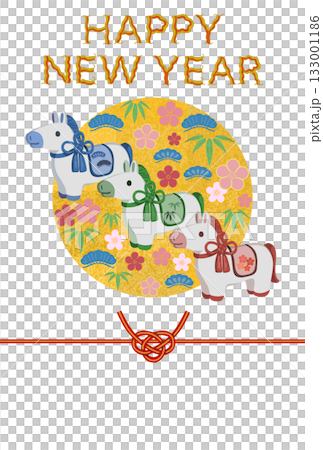 白馬新年賀卡模板，飾以鬆樹、竹子和梅花圖案，並配有水引（無賀詞）。 133001186