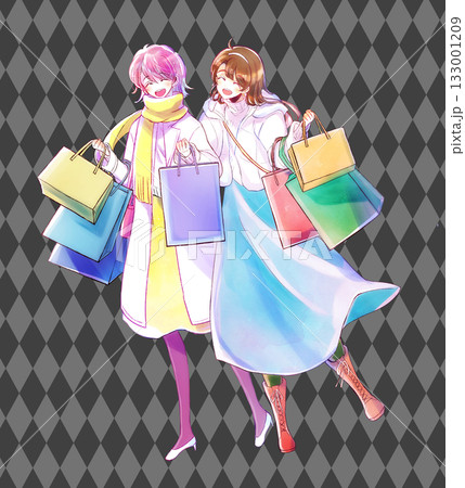 買い物袋をたくさん持った女性2人　笑顔　冬　 133001209