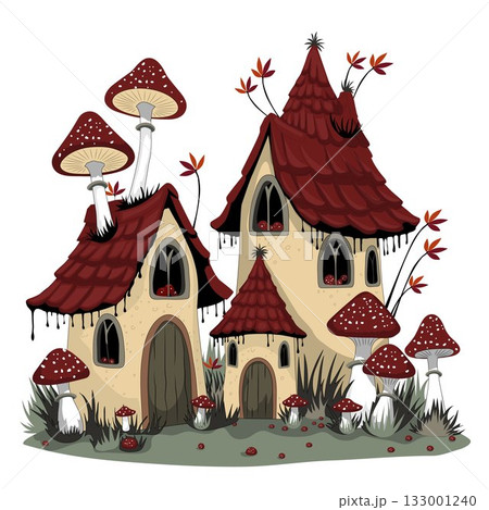 Cozy whimsical houses with red roofs and mushrooms, surrounded by grass and autumn leaves. 133001240