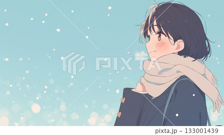 雪が舞う冬の日、優しく微笑む女子学生（マフラー・青春・イラスト） 133001439