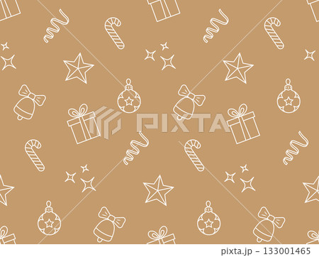 Christmas seamless pattern. Balls, striped candy canes, stars, serpentine, bells in doodle style. Vector illustration in hand drawn sketch style. Christmas seamless pattern. Balls, striped candy canes, stars, serpentine, bells in doodle style. Vector illustration in hand drawn sketch style. 133001465