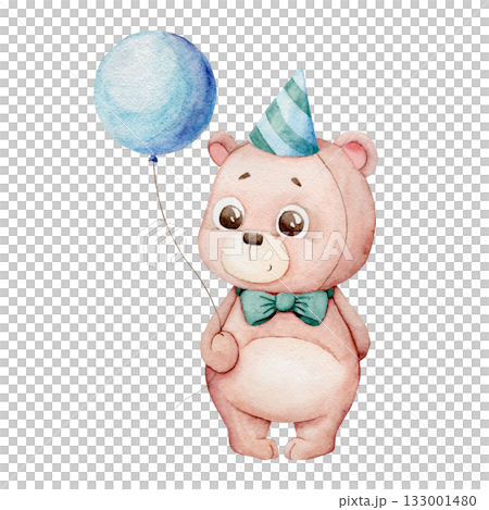 Adorable watercolor baby bear wearing a festive hat and a cute bow tie holding a colorful balloon, hand-painted animal illustration perfect for nursery decor, greeting cards, and kids designs Adorable watercolor baby bear wearing a festive hat and a cute bow tie holding a colorful balloon, hand-painted animal illustration perfect for nursery decor, greeting cards, and kids designs 133001480