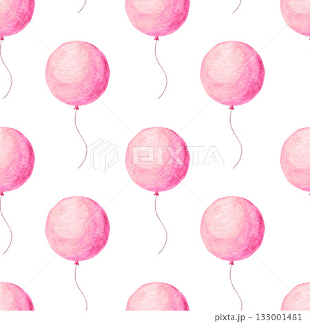 Seamless watercolor pattern with pink balloons, hand-painted festive design in bright cheerful colors, perfect for kids party decoration, wrapping paper, textile and birthday background 133001481