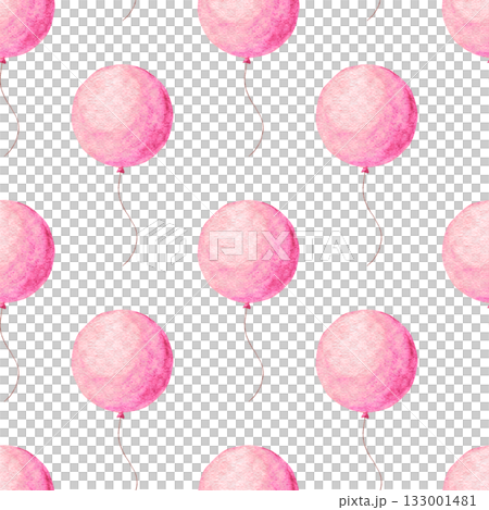 Seamless watercolor pattern with pink balloons, hand-painted festive design in bright cheerful colors, perfect for kids party decoration, wrapping paper, textile and birthday background 133001481