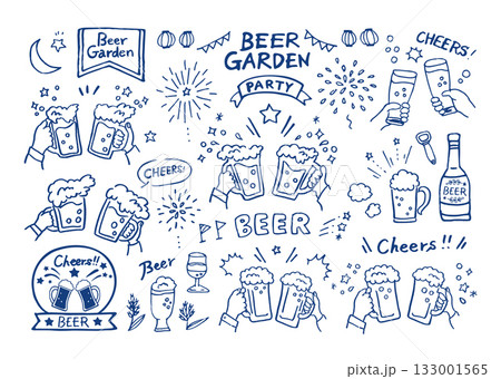 乾杯ビールの手描きイラスト_ビアガーデン_C 133001565
