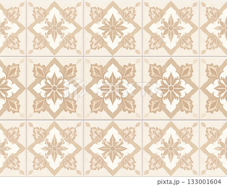 Decorative material. Texture of ceramic tiles with geometric patterns in beige color. English style. Building materials. Design mockup and background. 133001604