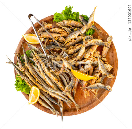 plate with fried local Black Sea fishes cutout 133001692
