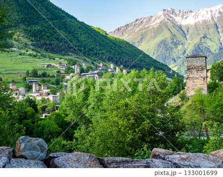 view of Mestia town from Svaneti Museum in summer 133001699