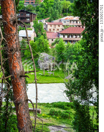 houses in Mestia town on Mulkhra river, Georgia 133001701