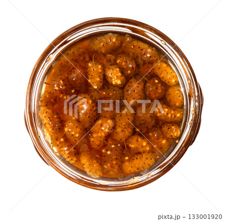 top view of jar with white mulberry jam isolated top view of jar with white mulberry jam isolated 133001920