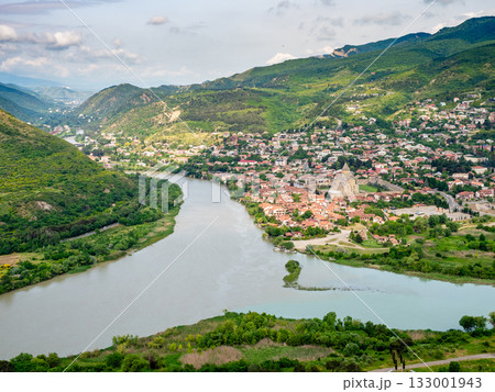 aerial view of Kura and Aragvi rivers confluence aerial view of Kura and Aragvi rivers confluence 133001943