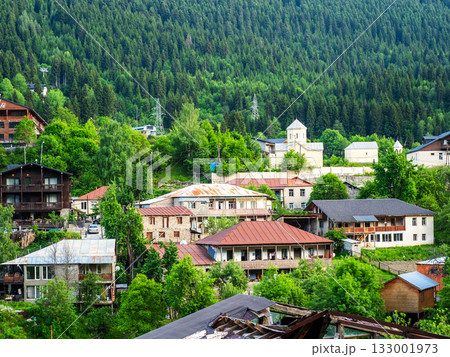 houses on green mountain slope in Mestia town 133001973