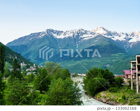 view of Mestia town with river and mountains view of Mestia town with river and mountains 133002168