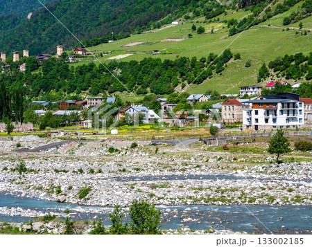view of Mulkhra river and Mestia townlet, morning 133002185