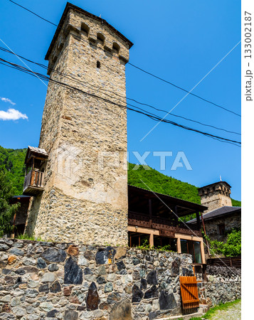 stone fence and ancient svan tower in Mestia town 133002187