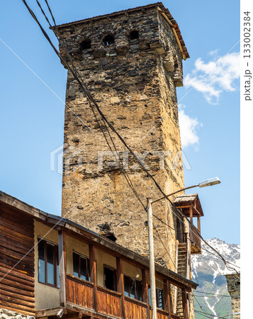 ancient svan tower in Mestia town in Georgia 133002384