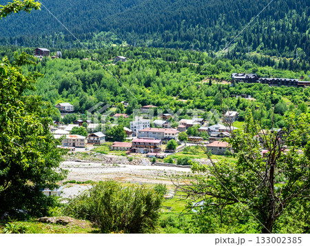 above view of Mestia townlet in valley from tower 133002385
