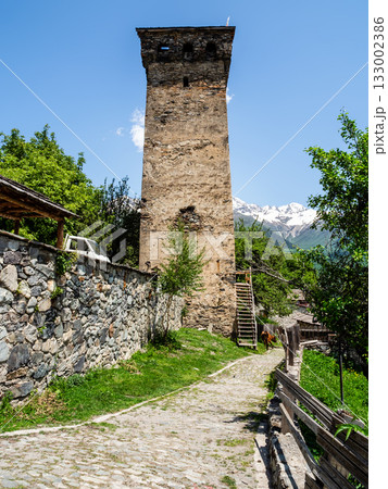 view of ancient svan tower in Mestia from street 133002386