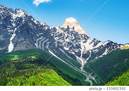 snow-cupped mountain peaks in Svaneti, Georgia 133002392