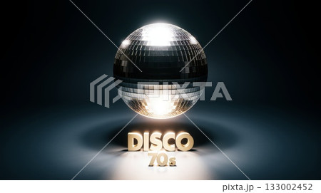 Shiny disco ball reflecting light with retro 70s typography in a dark atmospheric setting 133002452