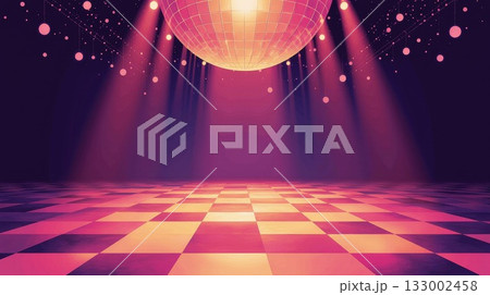 Colorful disco ball reflecting light in vibrant dance floor with checkered pattern and beams 133002458