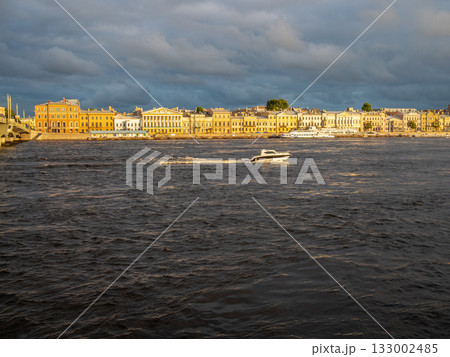 Neva river with boat and Quay in St Petersburg Neva river with boat and Quay in St Petersburg 133002485