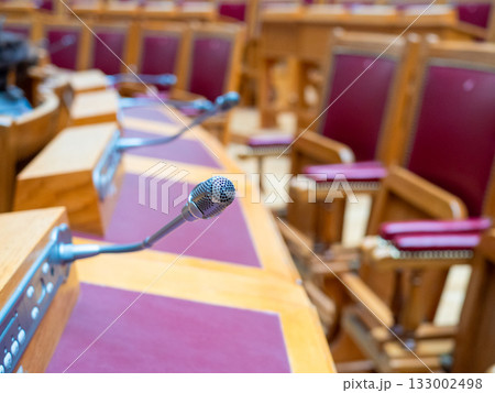 microphones at working places in conference hall microphones at working places in conference hall 133002498