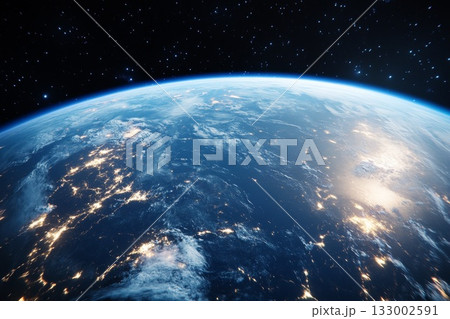 Aerial view of missile in flight over Earth's atmosphere showcasing dynamic motion and vast space Aerial view of missile in flight over Earth's atmosphere showcasing dynamic motion and vast space 133002591